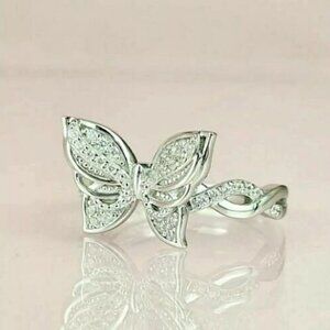 Simulated Diamond 1Ct Round Cut Butterfly Ring 14K White Gold Plated SZ 7